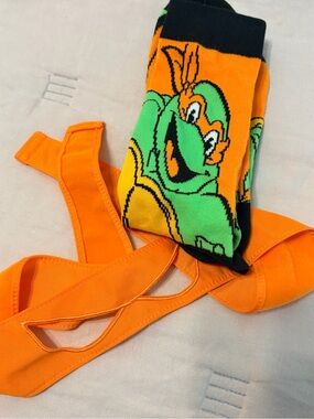Michelangelo TMNT Orange Green Turtle Crew Socks plus tie headband